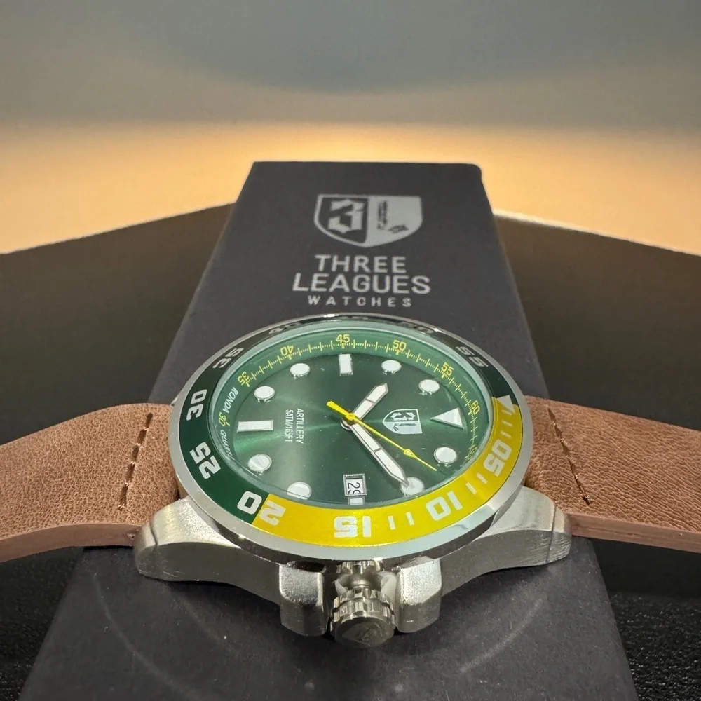 Three Leagues Artillery Green and Yellow Watch with Leather Strap